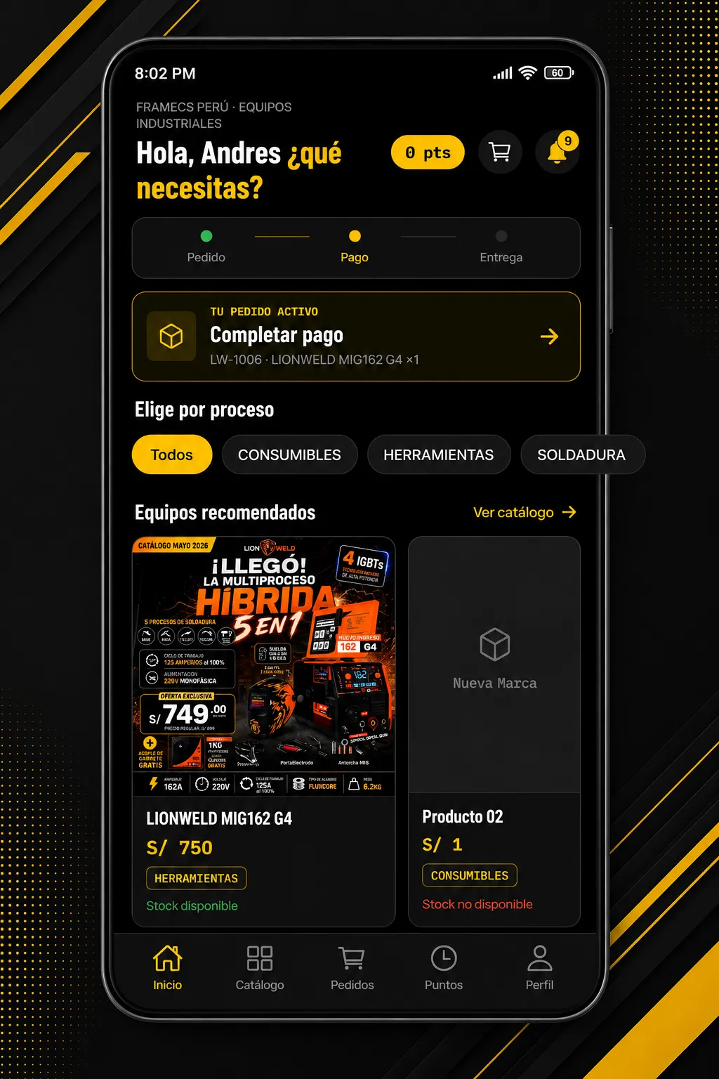 Pantalla de inicio de la app LION WELD con categorías